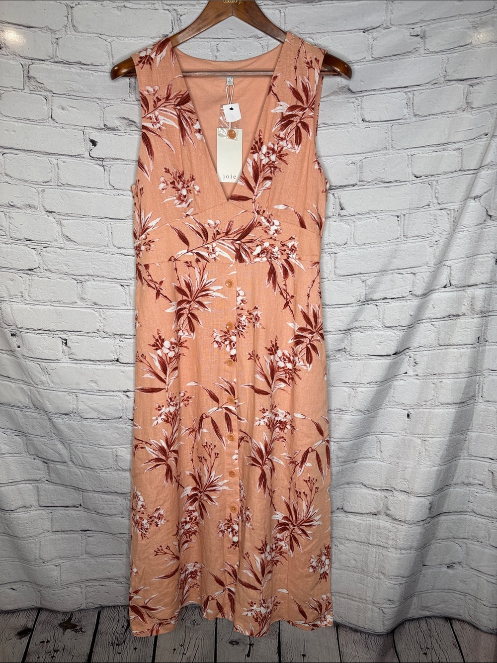 Joie Peach and Burgundy Floral Sleeveless V-Neck Maxi Dress Size Large Brand New